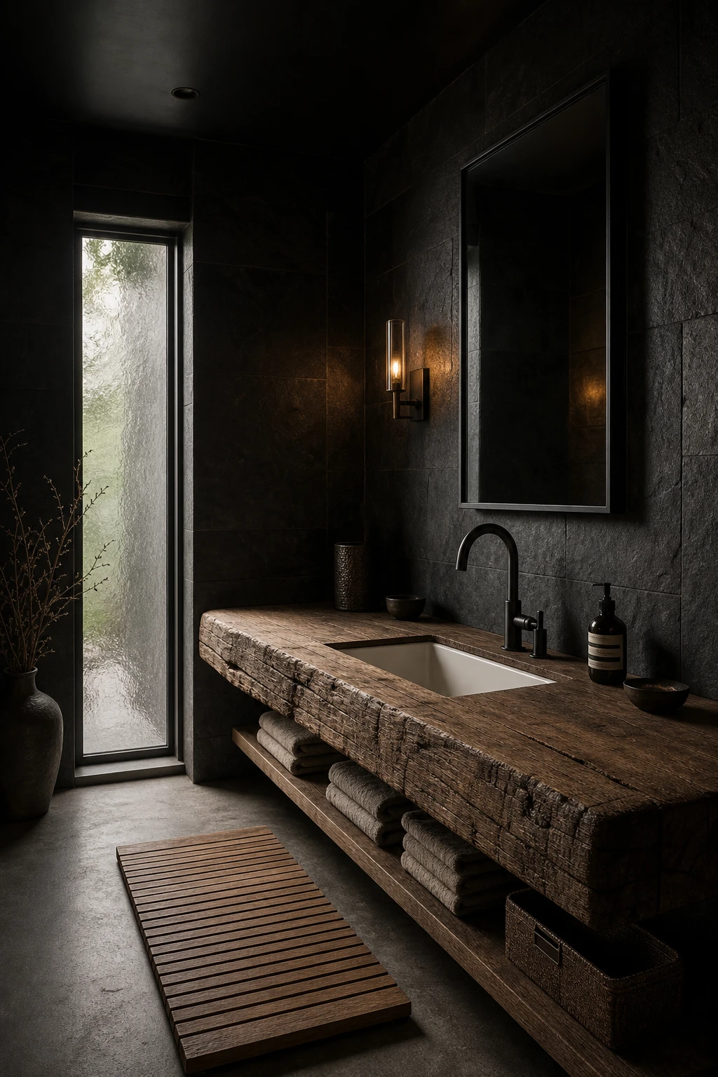 Dark minimalist bathroom with rustic raw wood vanity, dark stone walls, matte black fixtures, and moody natural light creating refined texture contrast