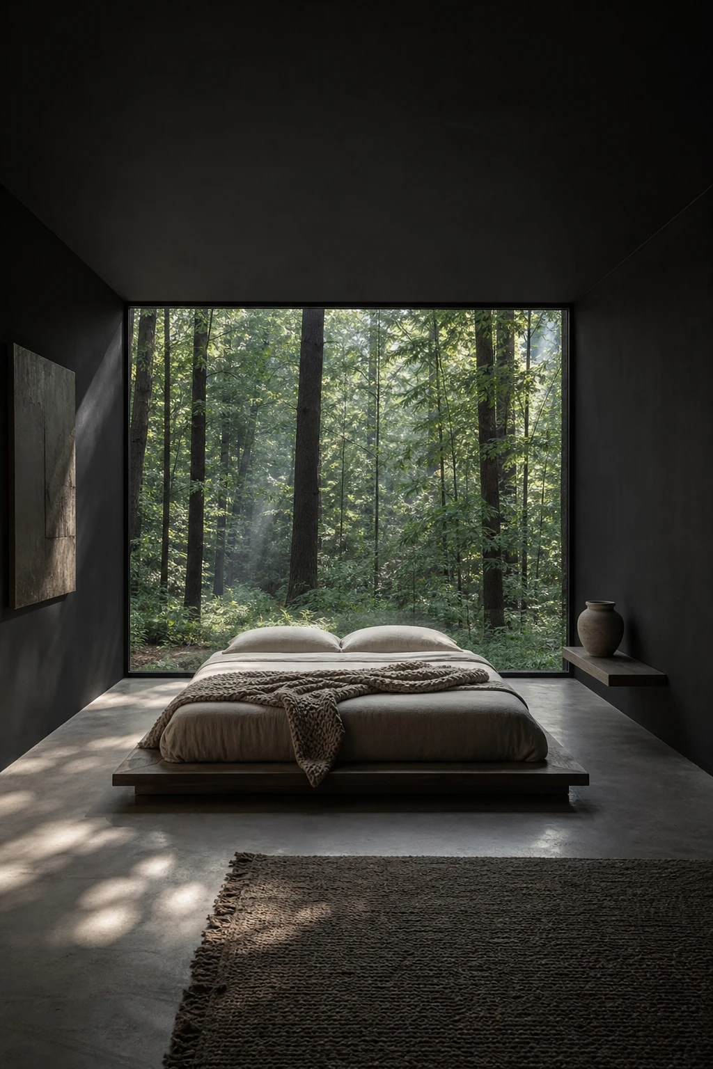 Dark minimalist bedroom with floor to ceiling window framing a dense forest view, charcoal walls, low platform bed, linen bedding, natural light