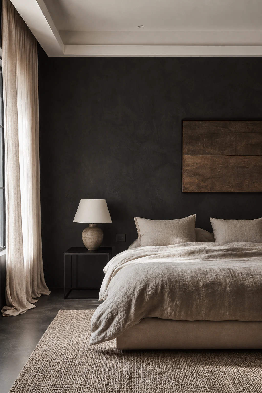 Dark minimalist bedroom with warm oatmeal linen bedding against a deep charcoal wall painted Farrow and Ball All White on the ceiling trim