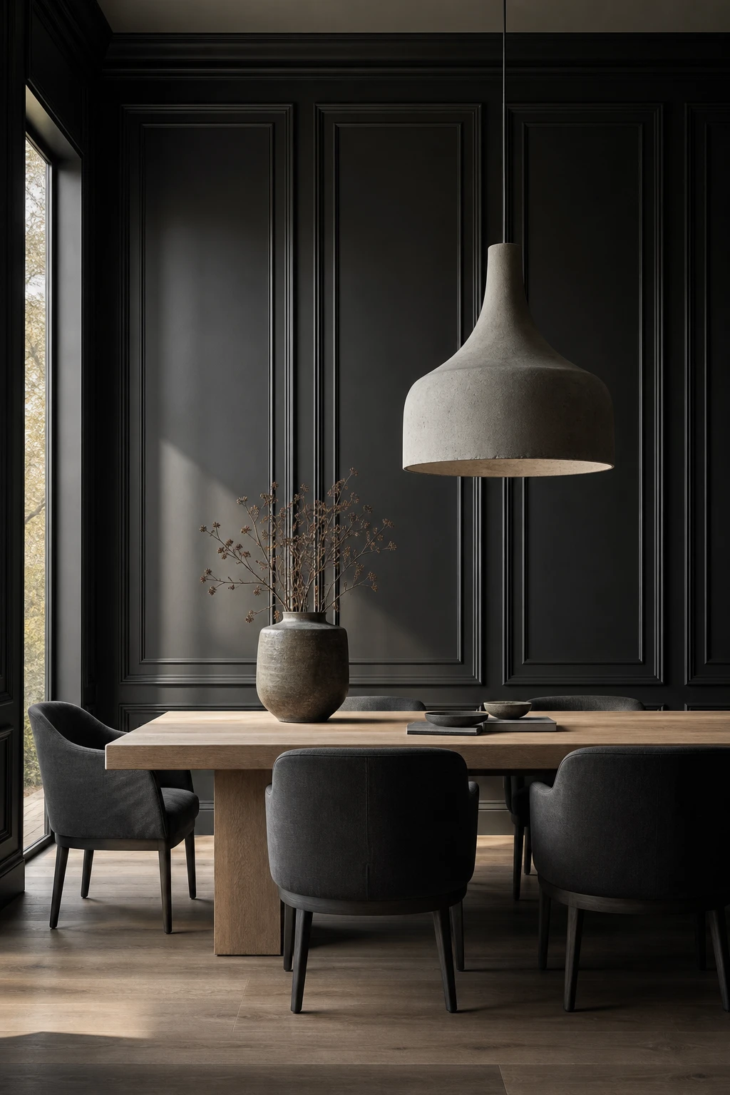 Dark minimalist dining room with black panel moulding walls painted in Farrow and Ball Grate Black, featuring a sculptural pendant light and long oak dining table