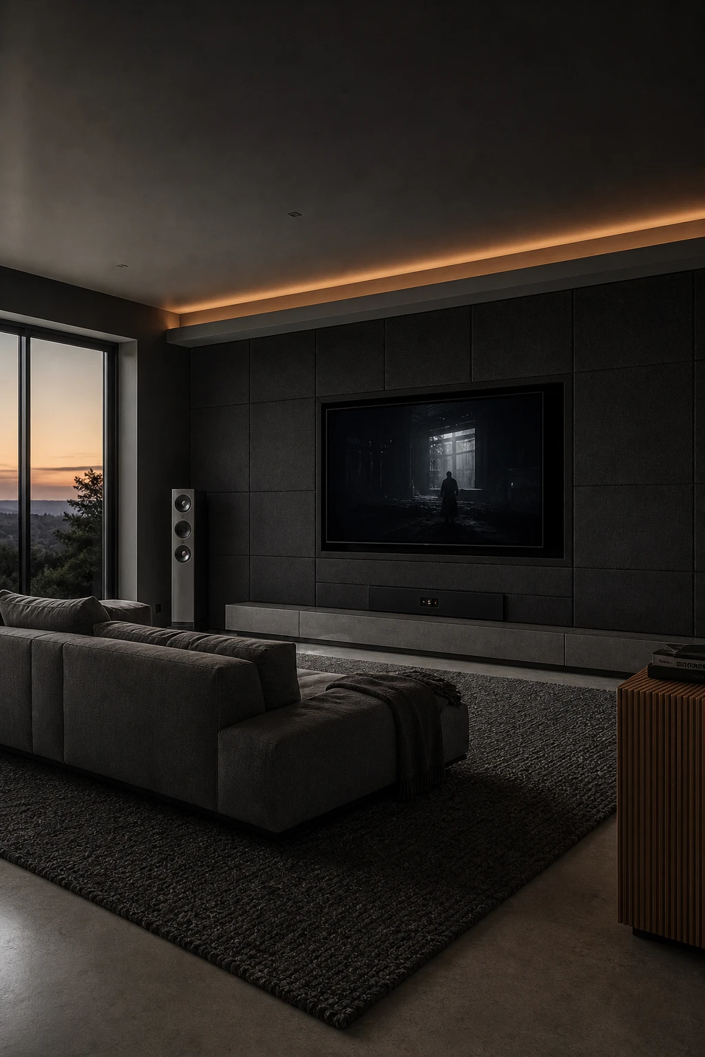 Dark minimalist entertainment room with acoustic panels as hero feature, deep grey walls, low sectional sofa, recessed lighting, and integrated media wall