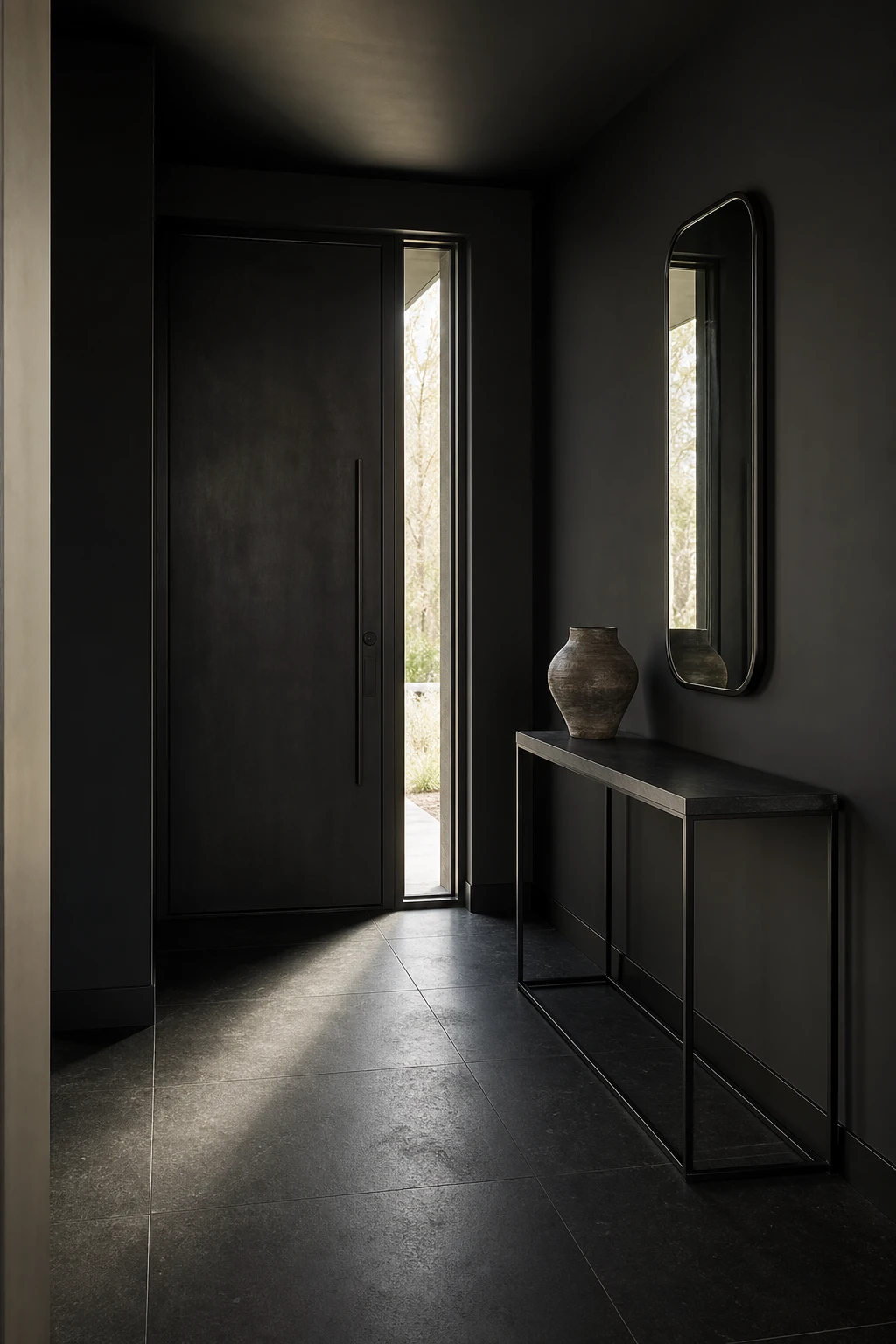 Dark minimalist entryway with honed black stone floor, slim console table, and Farrow and Ball Railings painted wall creating a composed first impression