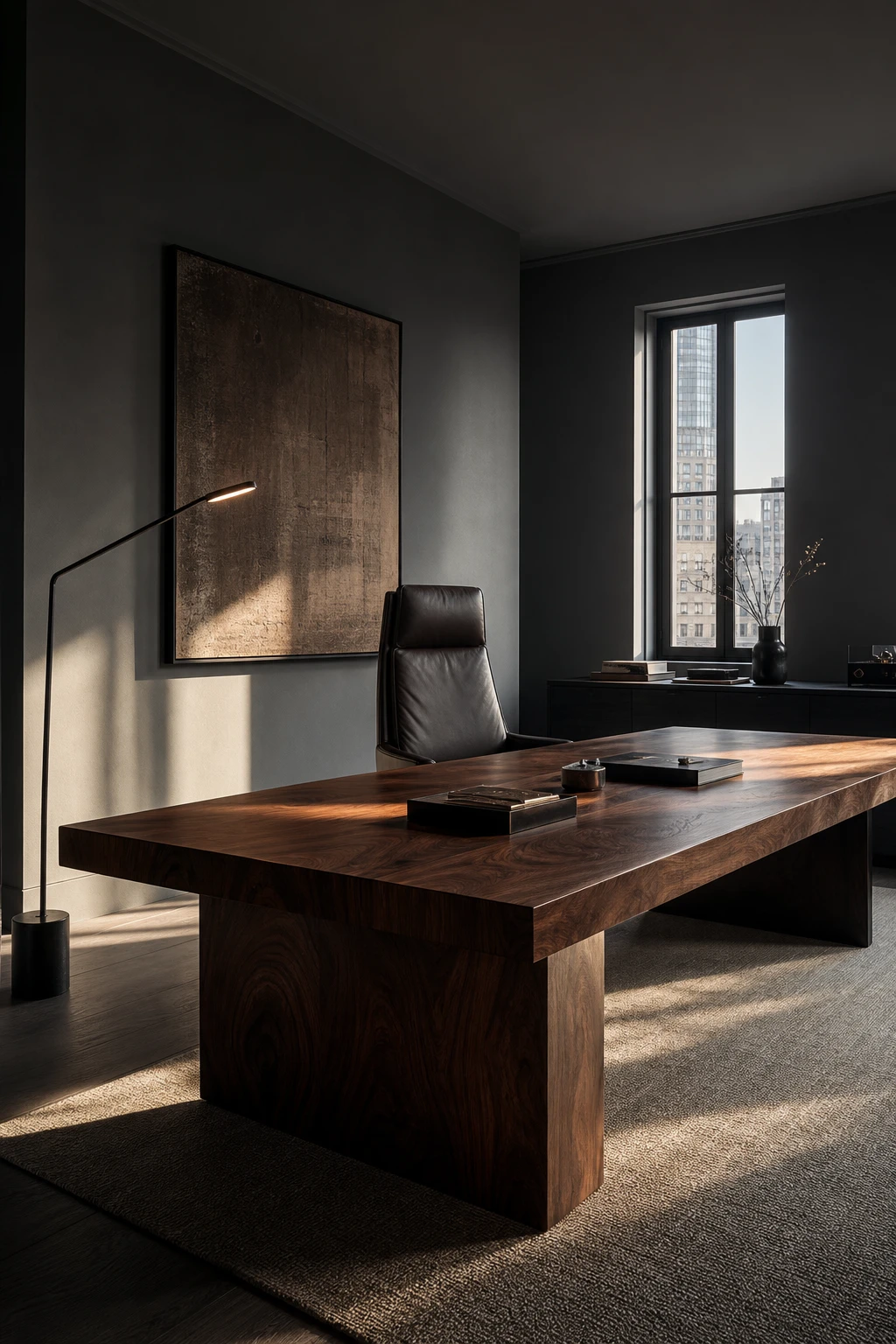Dark minimalist executive office with a walnut desk hero, Manor House Gray walls, leather chair, and tall window casting afternoon light