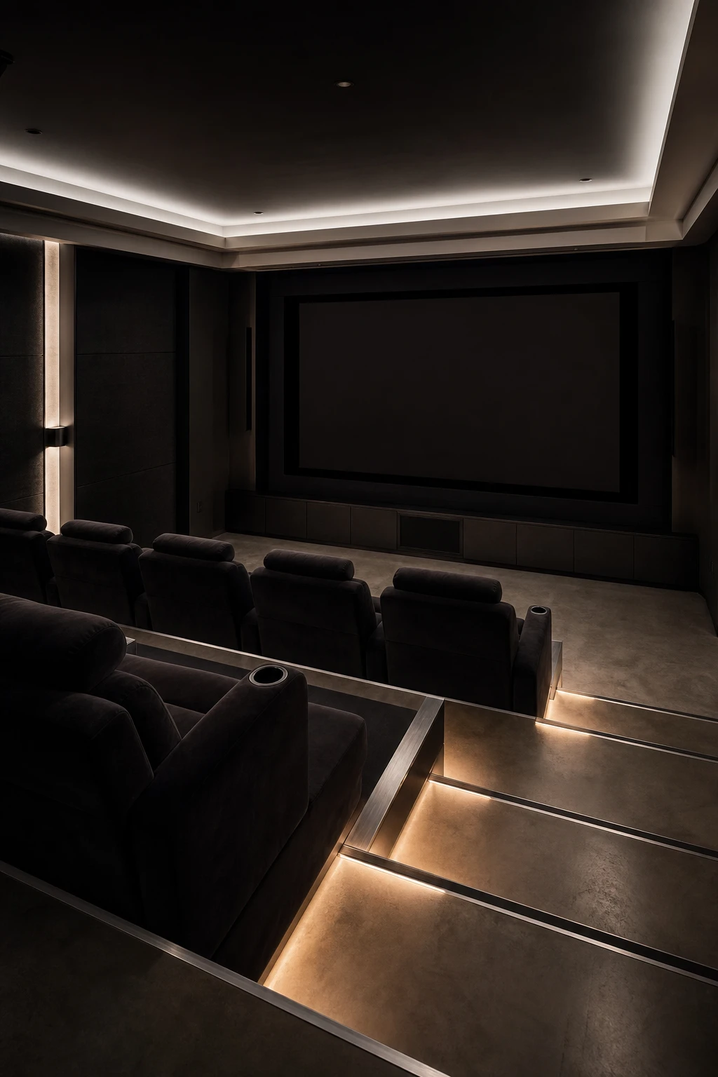 Dark minimalist home theater with tiered seating, acoustic wall panels, recessed ceiling lighting, and Farrow & Ball Cabbage White trim detail