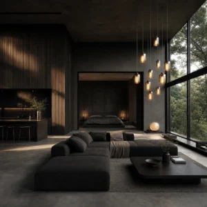 Dark minimalist open-plan interior with concrete floors, dark wood slat walls, black panel walls, a low linen sofa, and floor-to-ceiling windows framing a forest view in warm late afternoon light.