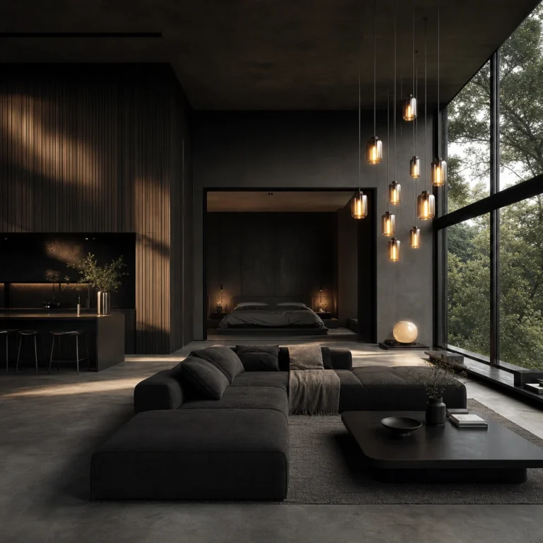 Dark minimalist open-plan interior with concrete floors, dark wood slat walls, black panel walls, a low linen sofa, and floor-to-ceiling windows framing a forest view in warm late afternoon light.