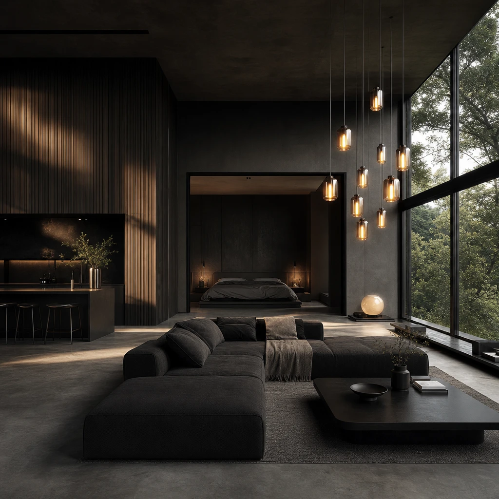 Dark minimalist open-plan interior with concrete floors, dark wood slat walls, black panel walls, a low linen sofa, and floor-to-ceiling windows framing a forest view in warm late afternoon light.