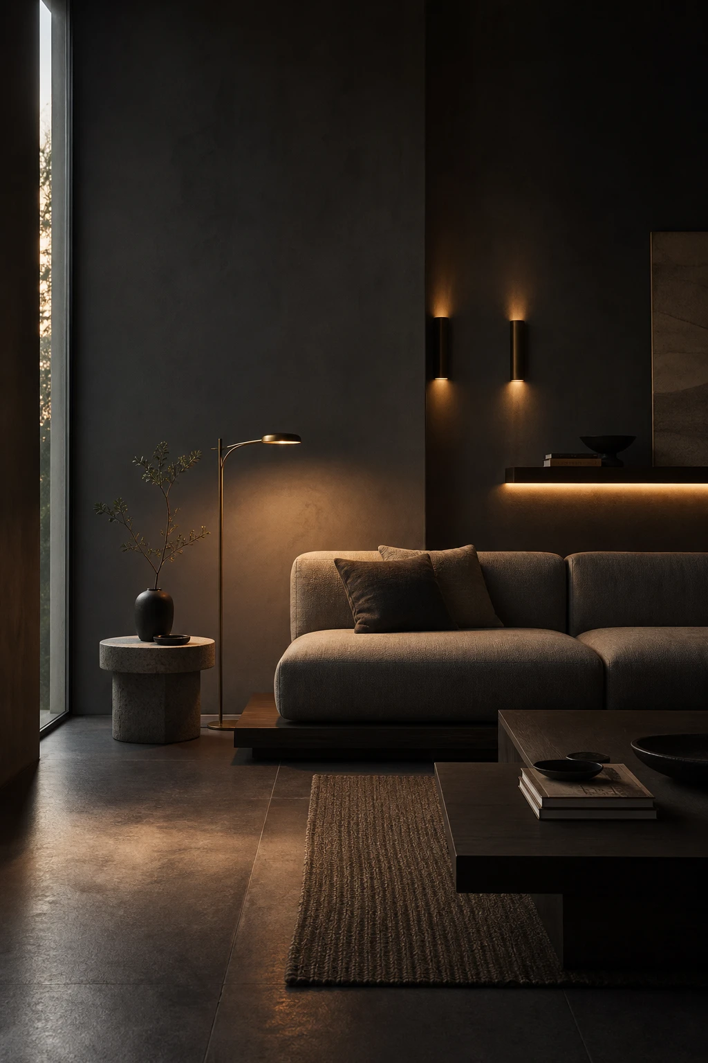 Dark minimalist interior with layered moody lighting from floor lamp, wall sconce and recessed strip light casting warm pools across Pavilion Gray walls