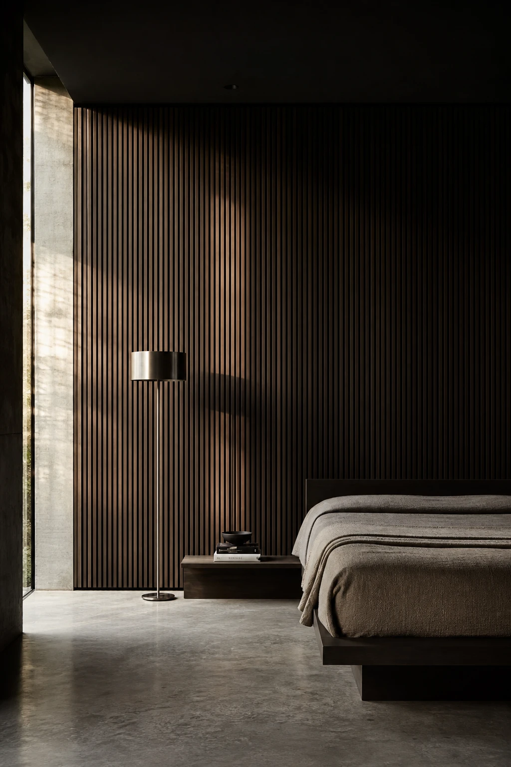 Dark minimalist interior with vertical wood slat wall as hero, low platform bed, concrete floor, and Farrow & Ball Paean Black painted ceiling