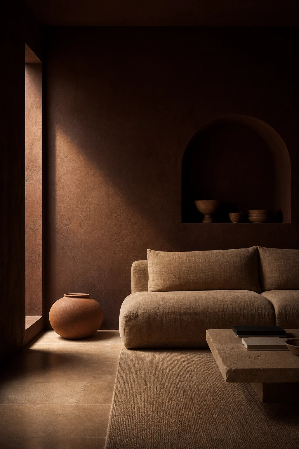 Dark minimalist interior with warm terracotta and clay accents, low profile furniture, earthy linen textiles, and Farrow and Ball Mahogany painted walls