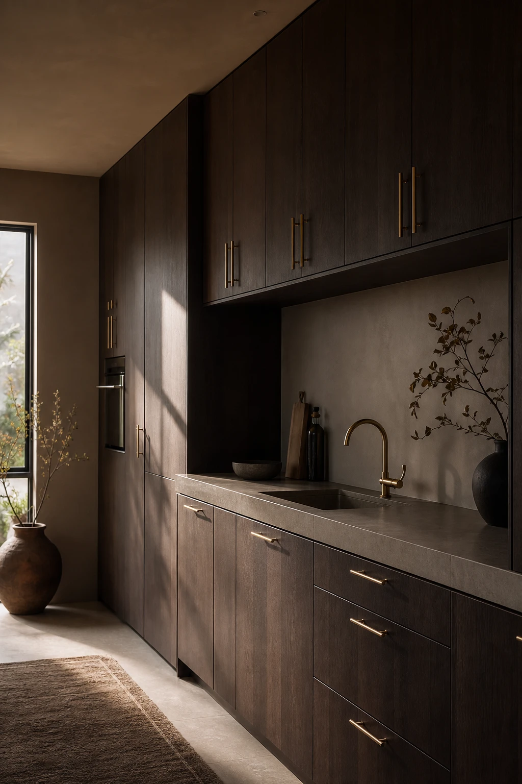 Dark minimalist kitchen with dark brown cabinetry as hero, brushed brass handles, stone countertop, integrated appliances and Farrow and Ball London Clay walls
