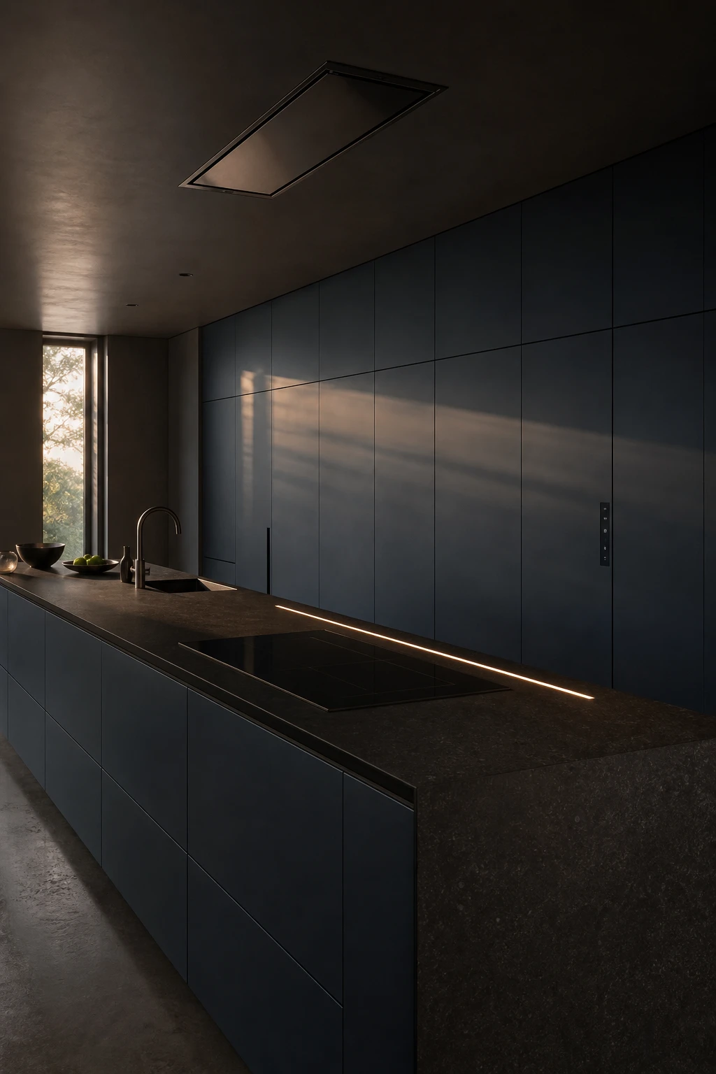 Dark minimalist kitchen with flush hi tech integration, hidden appliances behind slab cabinetry, induction cooktop, and Inchyra Blue cabinetry under raking evening light