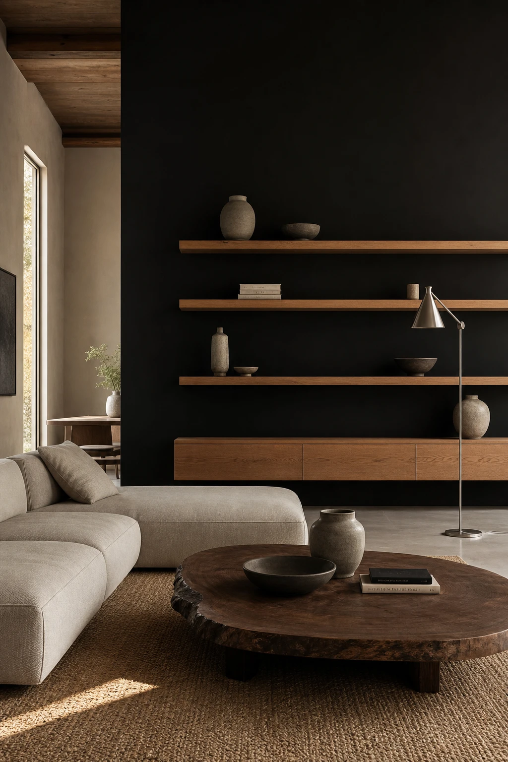 Dark minimalist living room with a black accent wall contrasted by warm wood shelving, pale concrete floor, and soft natural light from a tall side window