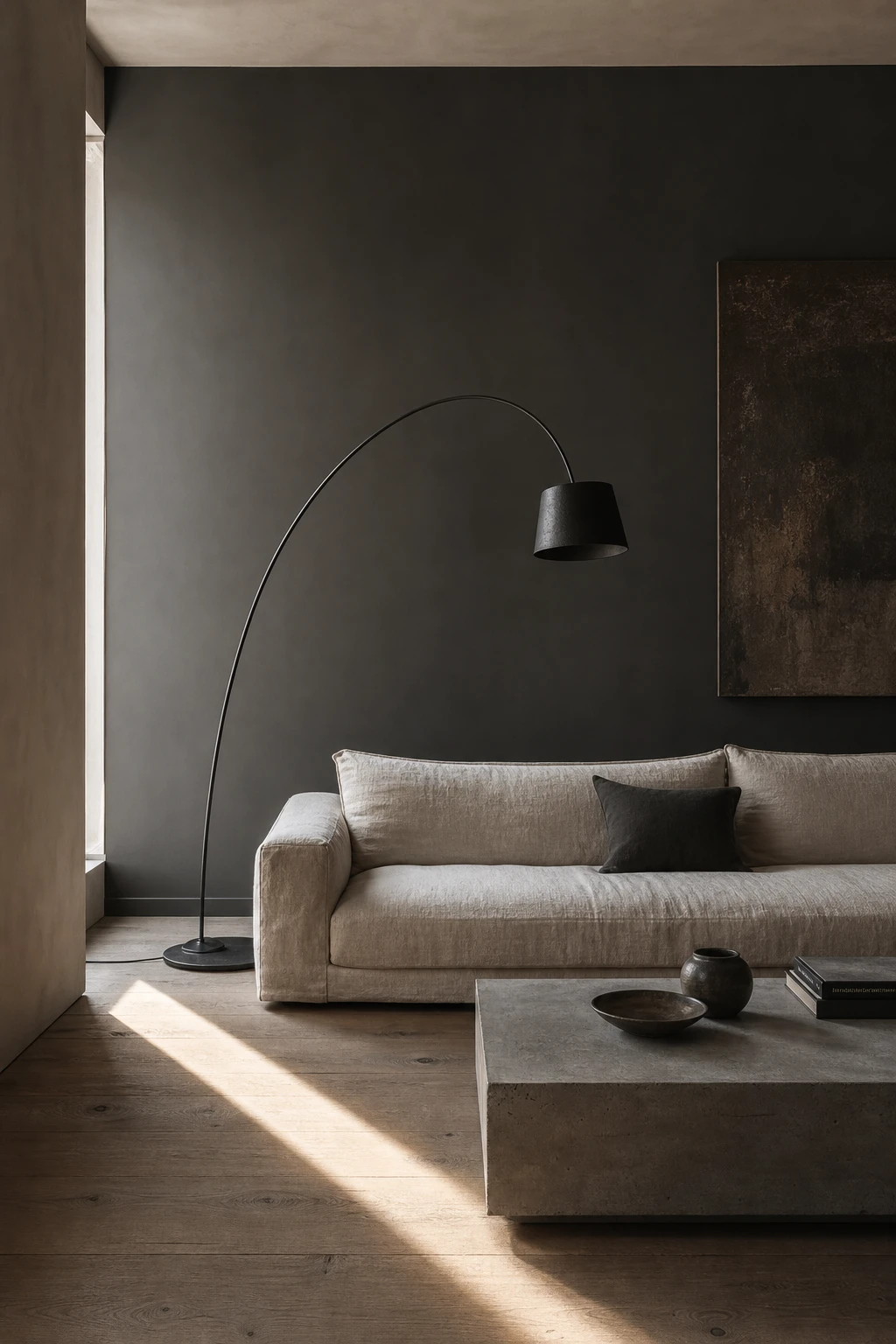 Dark minimalist living room with a charcoal feature wall in Farrow and Ball Down Pipe, flanked by pale plaster, low furniture and raking afternoon light