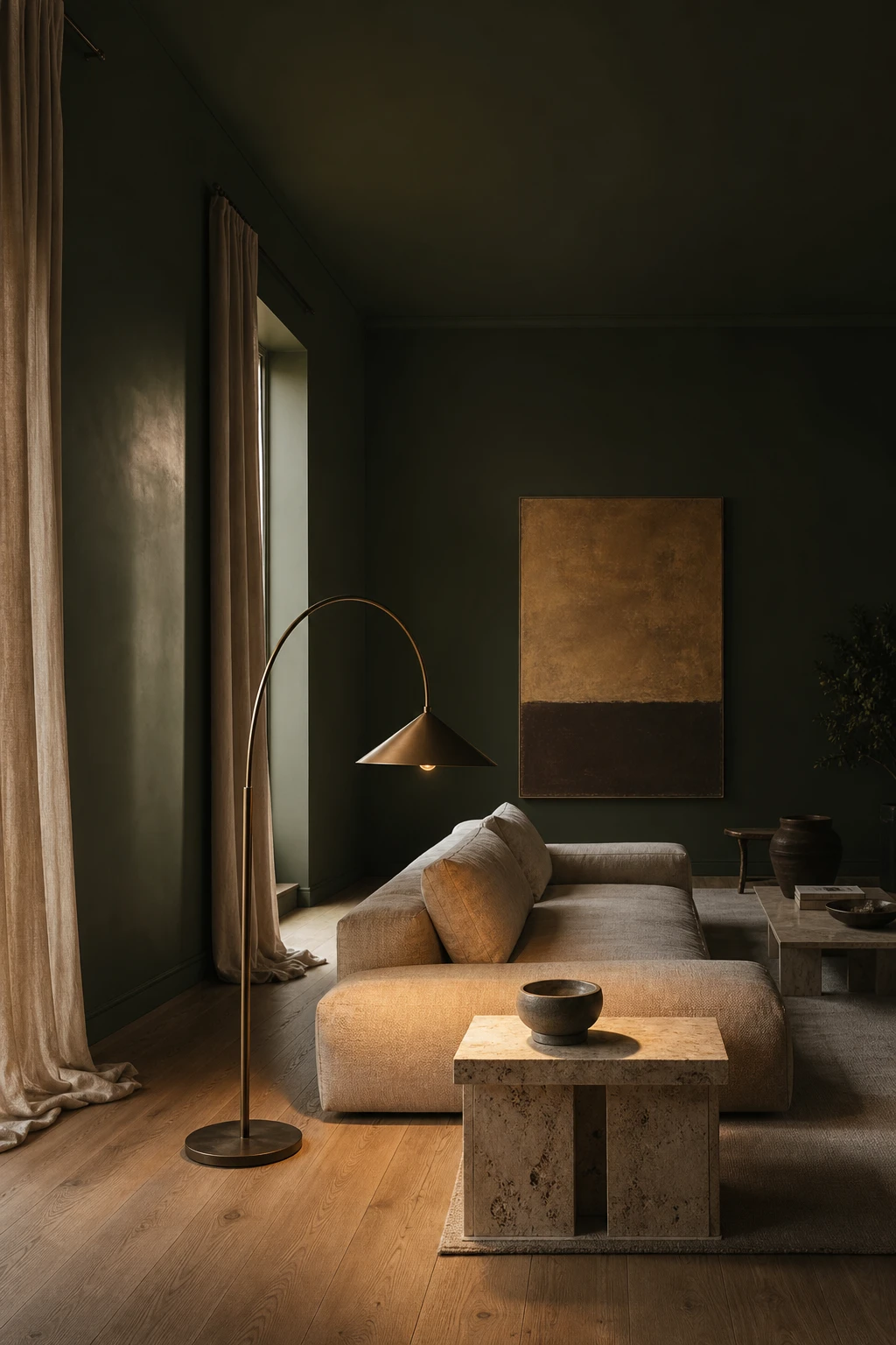 Dark minimalist living room with deep green walls, low slung sofa, sculptural floor lamp, linen curtains and oak flooring in warm evening light