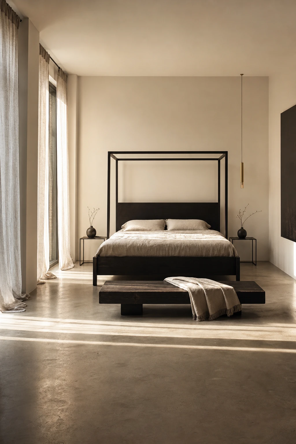 Dark minimalist master bedroom with a king black bed frame as the centrepiece, low profile furniture, warm white walls and soft natural light