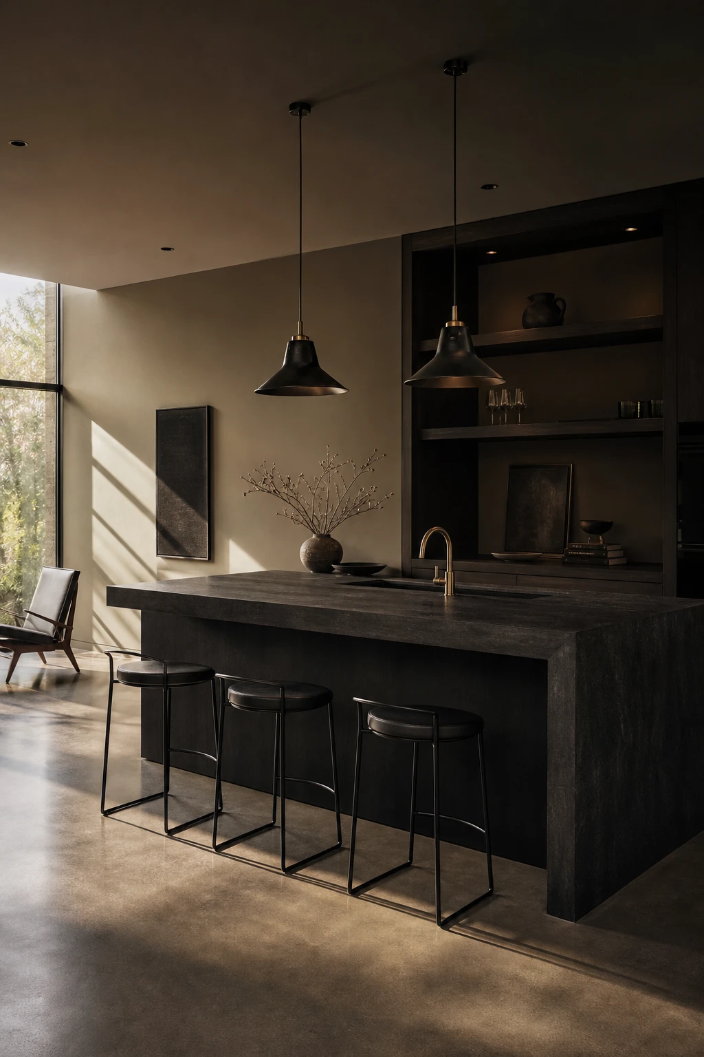 Dark minimalist open plan kitchen with a raised black bar counter as the hero, matte black cabinetry, concrete floor, and warm pendant lighting above