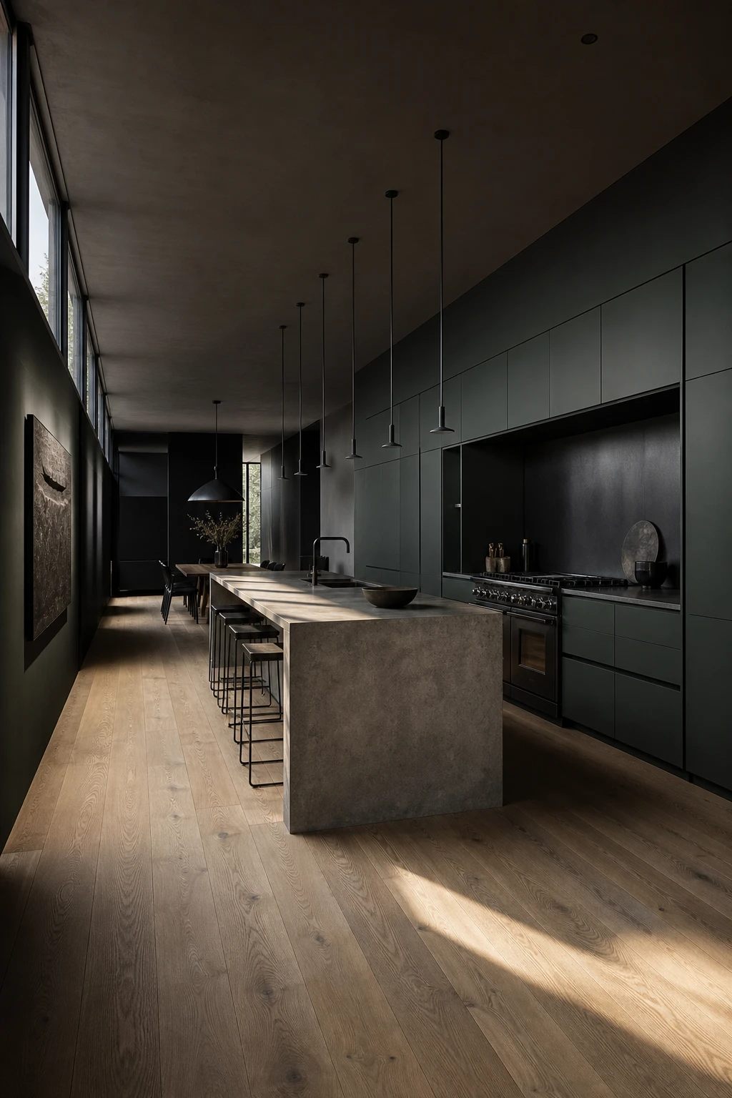 Dark minimalist open plan kitchen with Farrow and Ball Reduced Green cabinetry, concrete island, blackened steel range, and oak flooring defining distinct zones