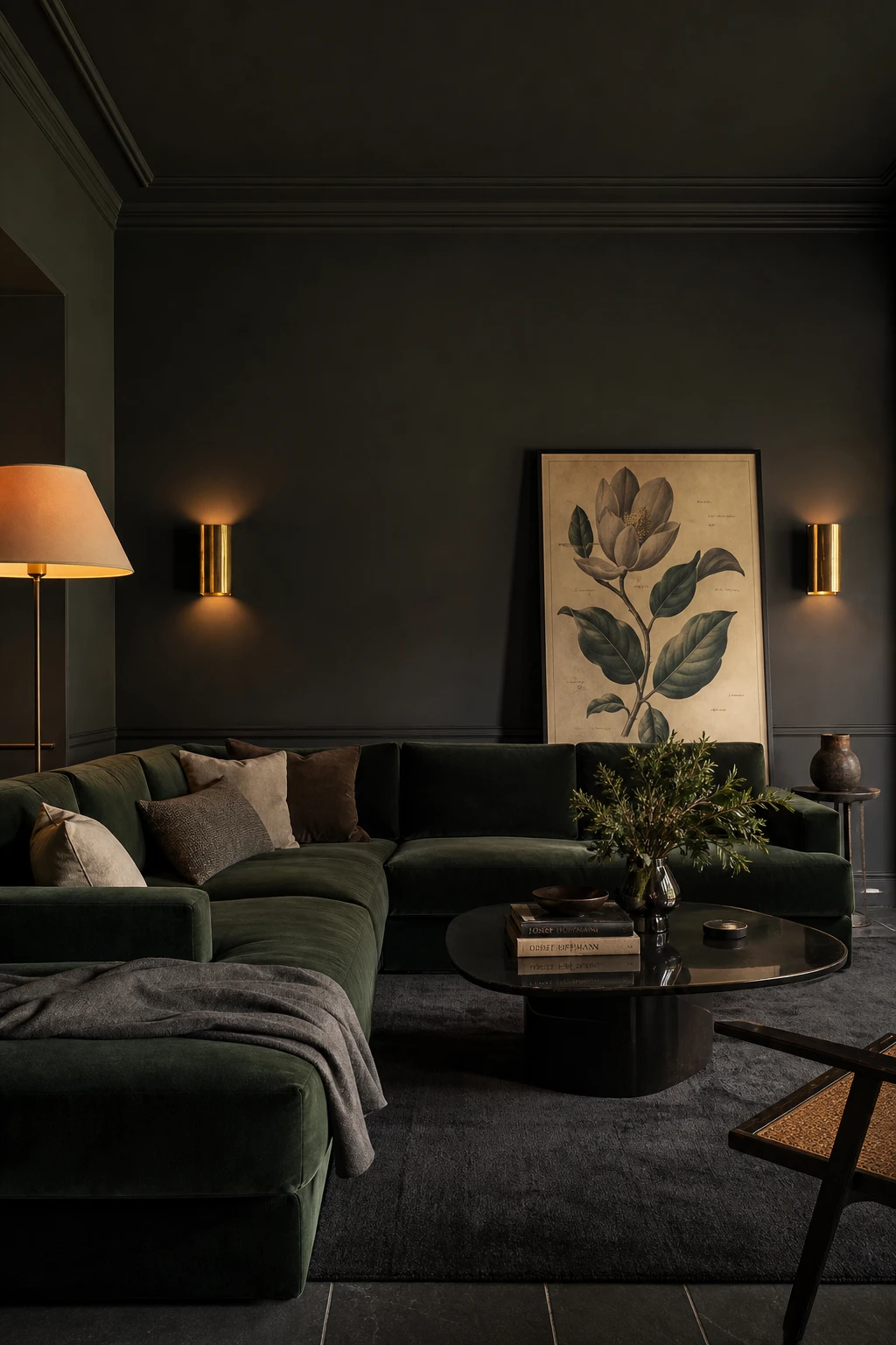 Dark moody gray and green living room with deep charcoal walls, forest green velvet sofa, brass fixtures, and layered ambient lighting creating a rich dramatic interior