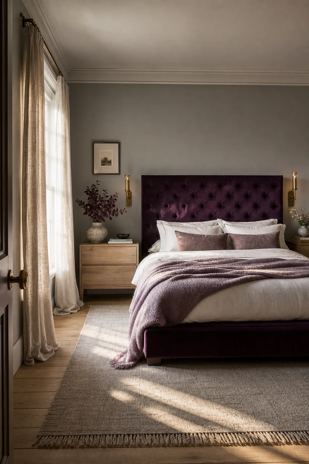 Deep plum and gray bedroom with tufted velvet headboard, pale gray linen bedding, brass sconces, and Farrow & Ball Lamp Room Gray accent wall