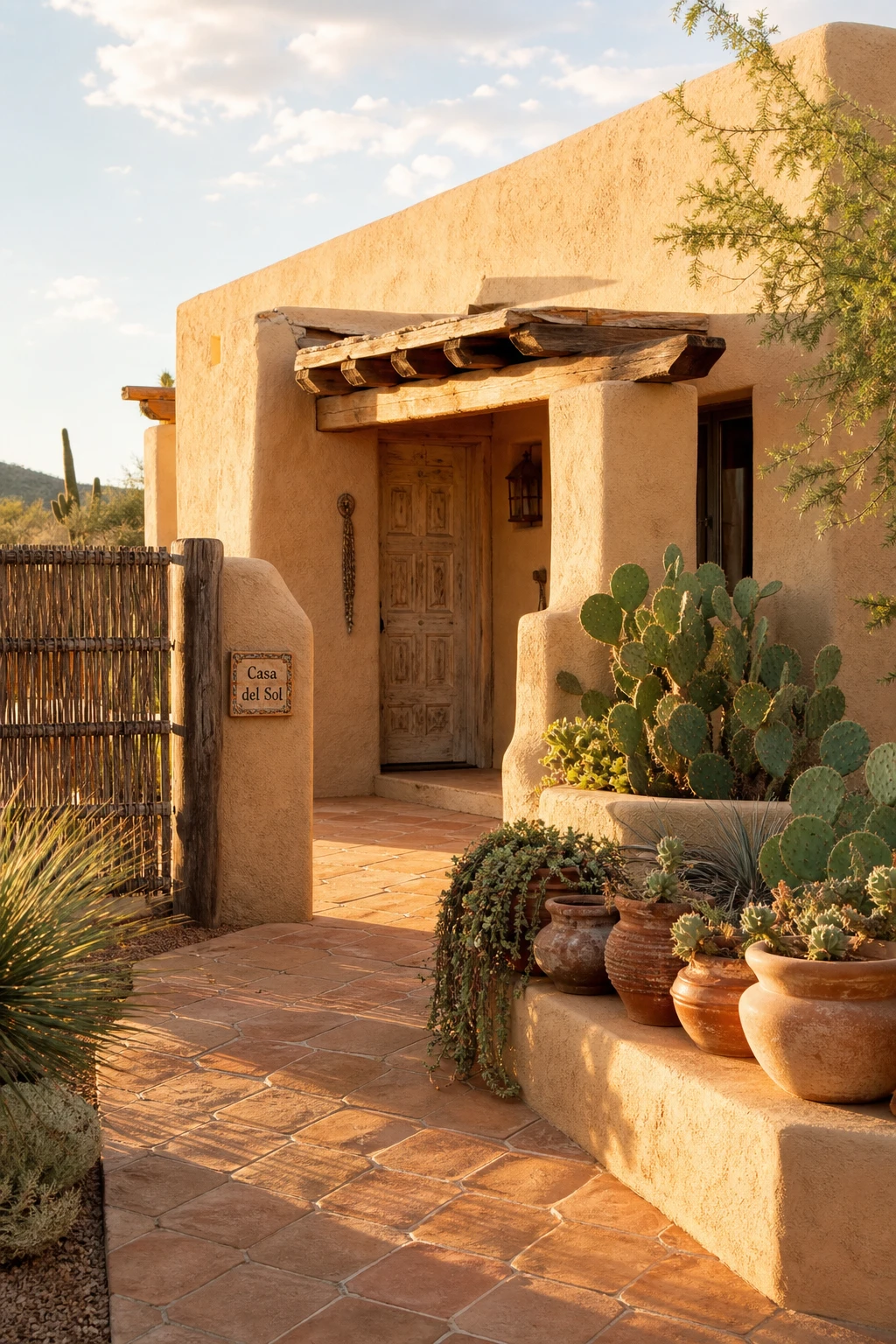 Desert boho bungalow exterior with warm sandy adobe tones glowing in late afternoon sun, textured stucco walls, terracotta planters and woven gate detail
