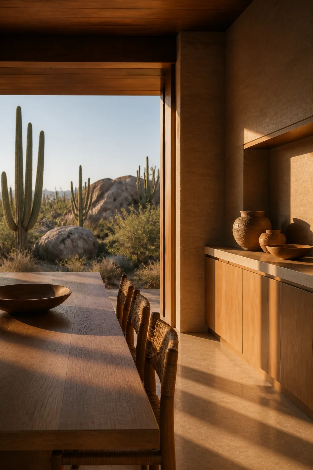 dining detail at Baja Earth House in Baja California Sur in an original fictional editorial architecture story about material, landscape, light and the calm sequence of rooms......