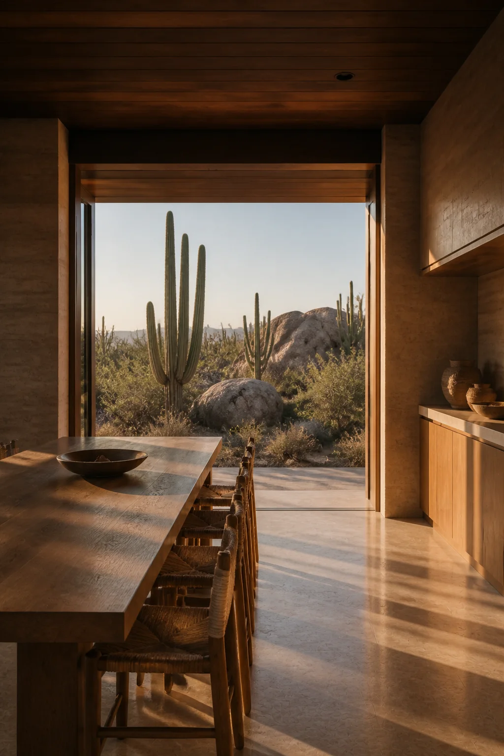 dining master at Baja Earth House in Baja California Sur in an original fictional editorial architecture story about material, landscape, light and the calm sequence of rooms......