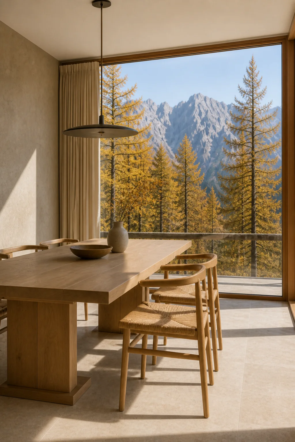 dining master at the Slovenian Alpine House in the Julian Alps in an original fictional editorial architecture story about material, landscape, light and the calm sequence of rooms