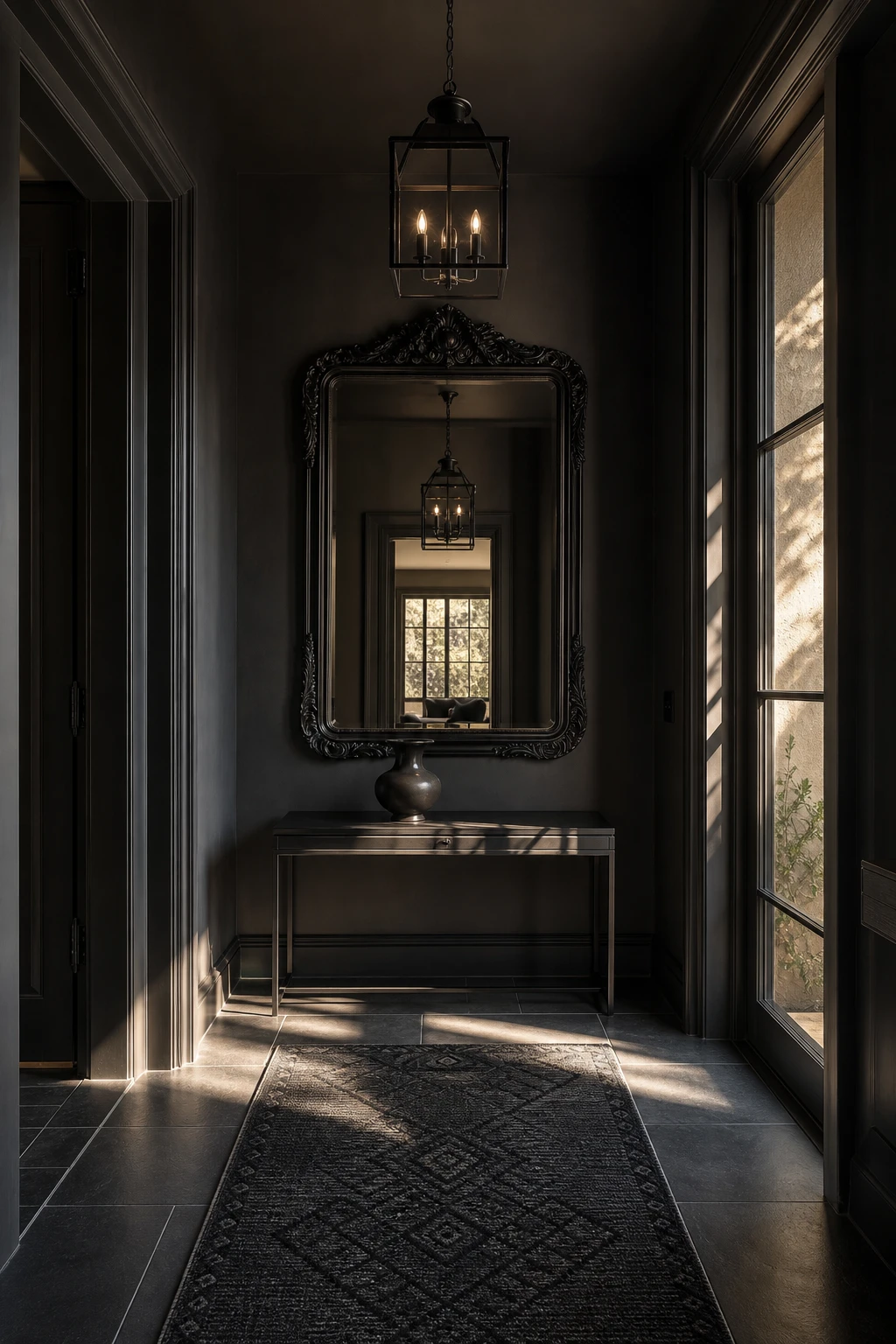 Dramatic black hallway entry with a large ornate black mirror on an Off Black painted wall, reflecting soft natural light from a doorway ahead