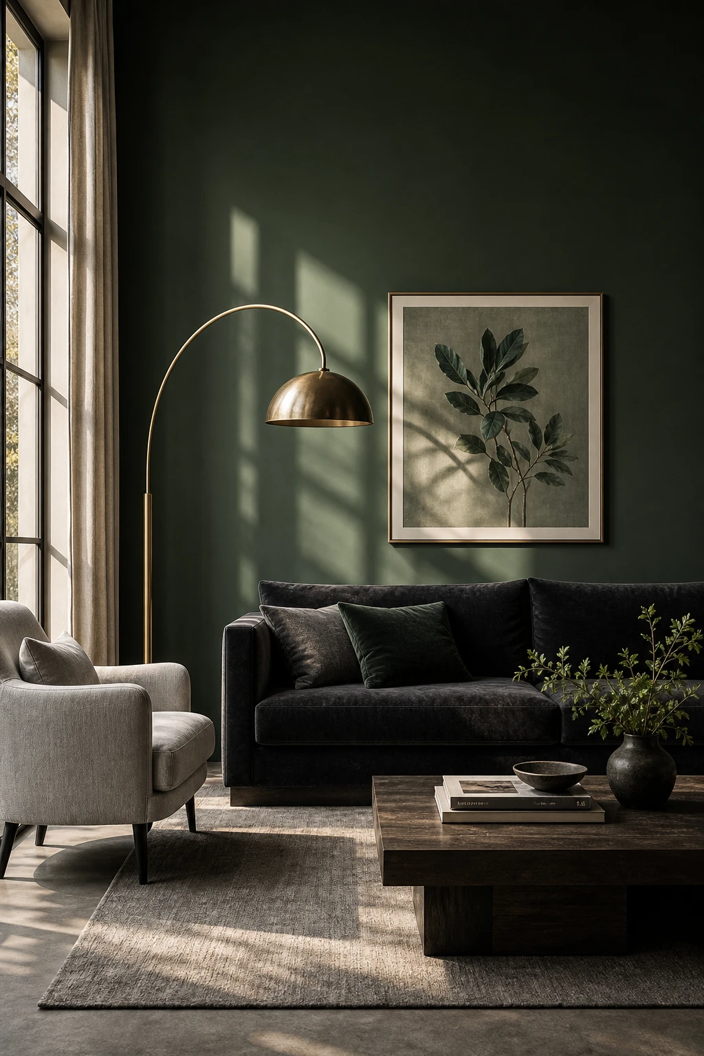 Dramatic gray and green living room with dark green accent wall, deep charcoal sofa, brass floor lamp, and tall casement windows in afternoon light