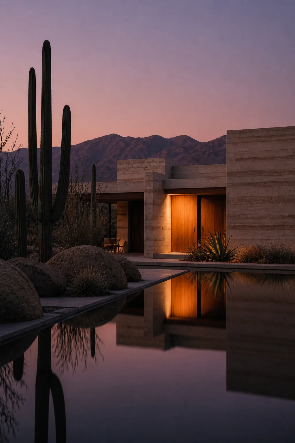dusk detail at Baja Earth House in Baja California Sur in an original fictional editorial architecture story about material, landscape, light and the calm sequence of rooms........