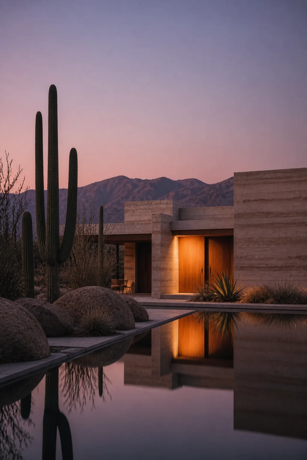 dusk exterior master at Baja Earth House in Baja California Sur in an original fictional editorial architecture story about material, landscape, light and the calm sequence of room