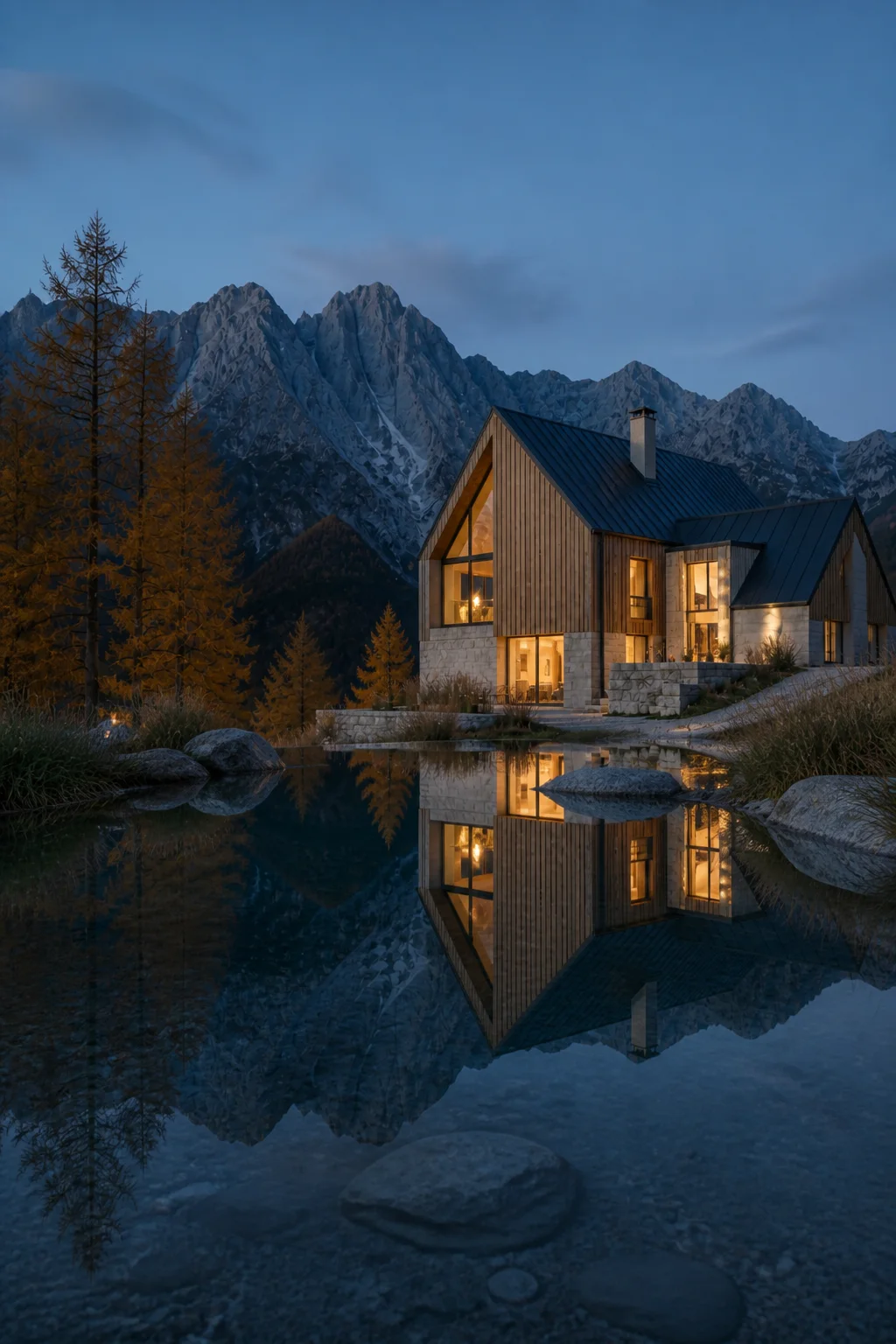 dusk exterior master at the Slovenian Alpine House in the Julian Alps in an original fictional editorial architecture story about material, landscape, light and the calm sequence o
