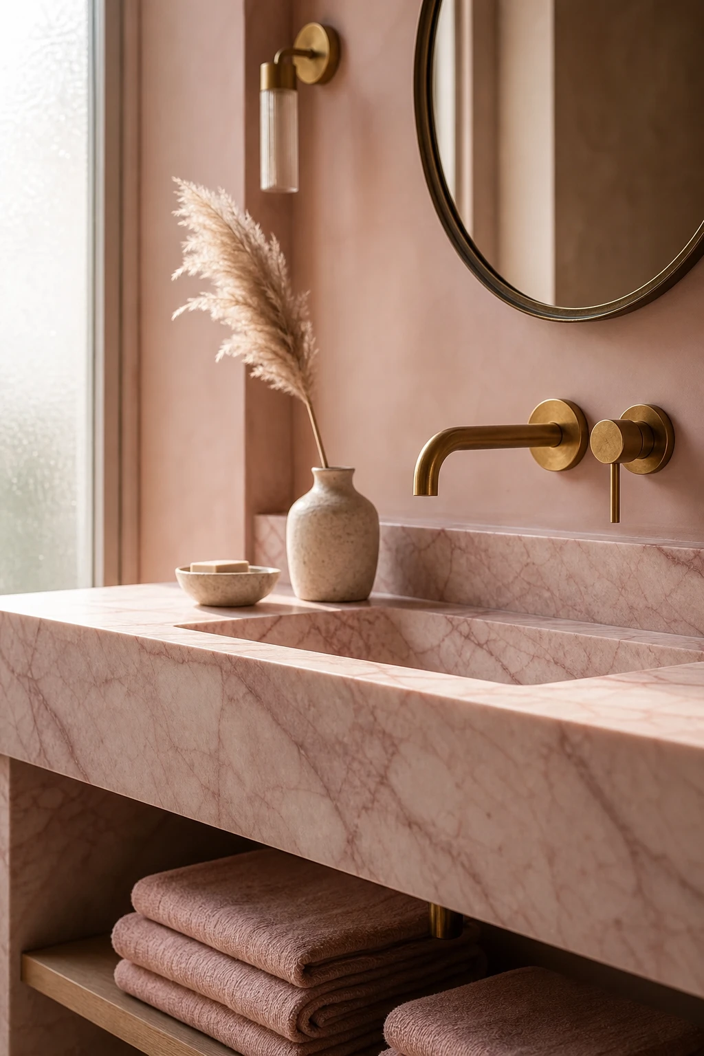 Dusty pink bathroom with pink marble vanity top as hero feature, Farrow and Ball Nancys Blushes walls, brass fixtures and soft towels
