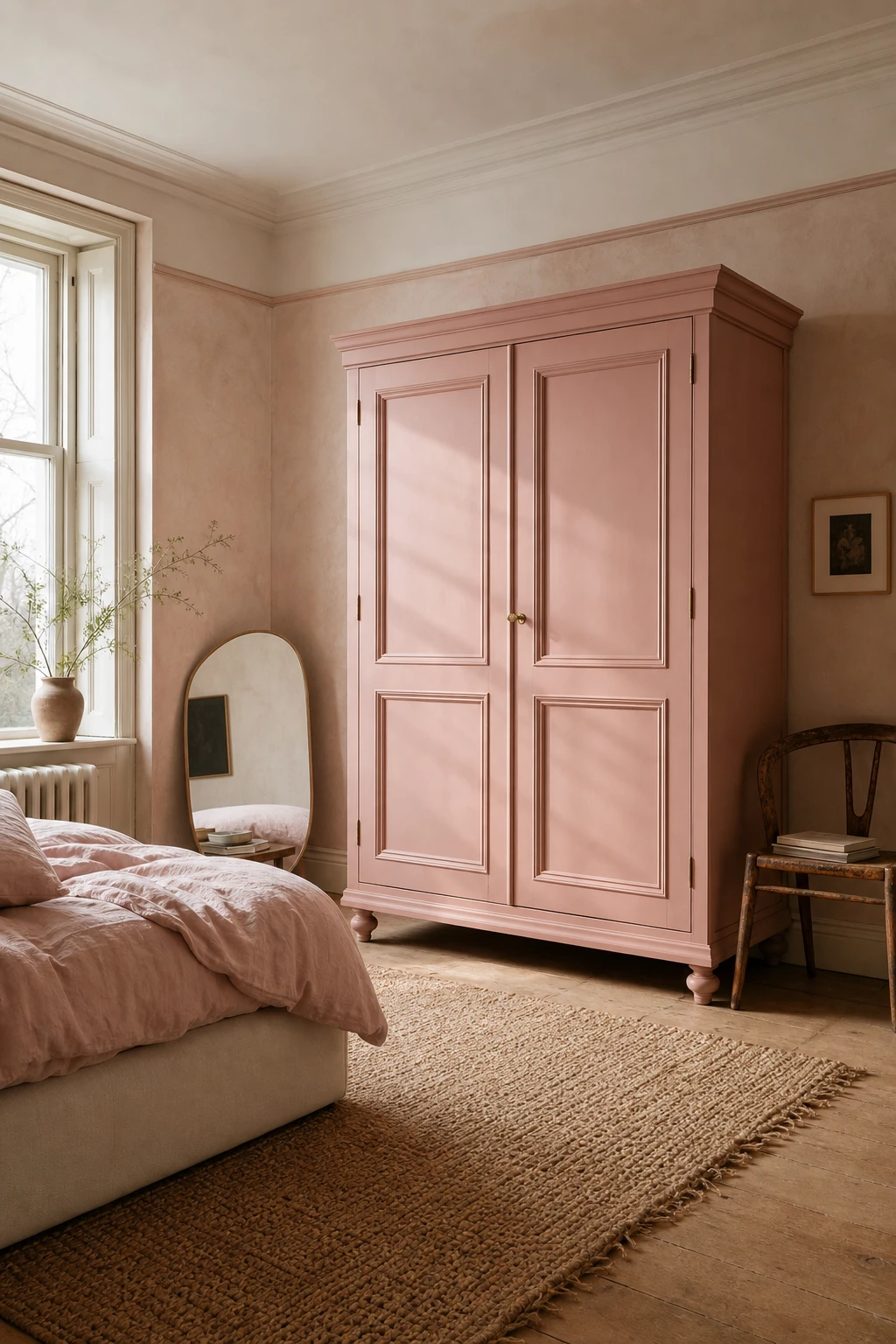 Dusty pink bedroom with a freestanding wooden wardrobe painted Farrow and Ball Fruit Fool as the centrepiece against soft white walls