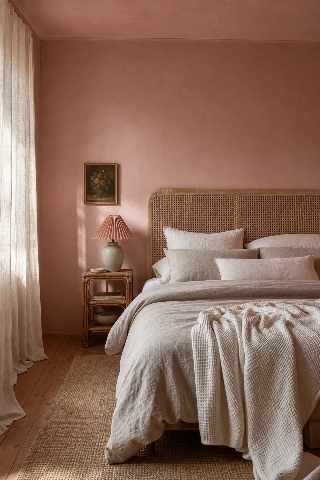 Dusty pink bedroom with Farrow and Ball Calamine walls, linen bedding, cane headboard, sheer curtains and soft morning light creating a cocoon like atmosphere