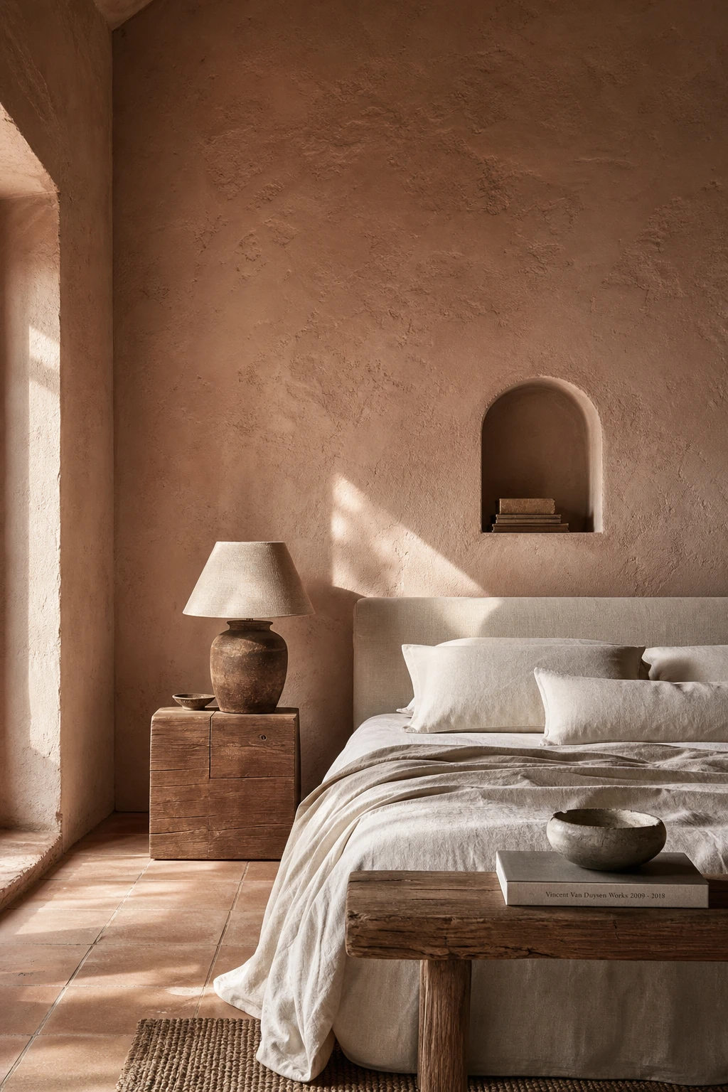 Dusty pink bedroom with raw plaster finish walls in Setting Plaster tone, linen bedding, rattan pendant light, terracotta floor tiles and arched alcove