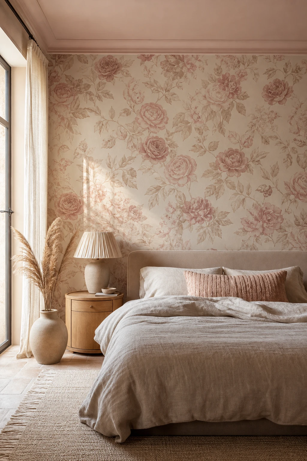 Dusty pink bedroom with rose pattern wallpaper in beige and blush tones, soft linen bedding, natural wood nightstand, and warm afternoon light