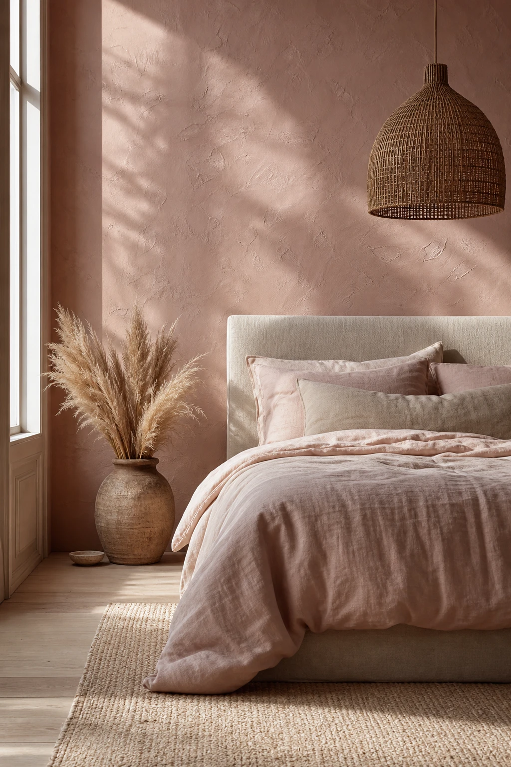 Dusty pink bedroom with textured plaster wall in Farrow and Ball Pink Ground, linen bedding, rattan pendant light, and warm afternoon light casting soft shadows