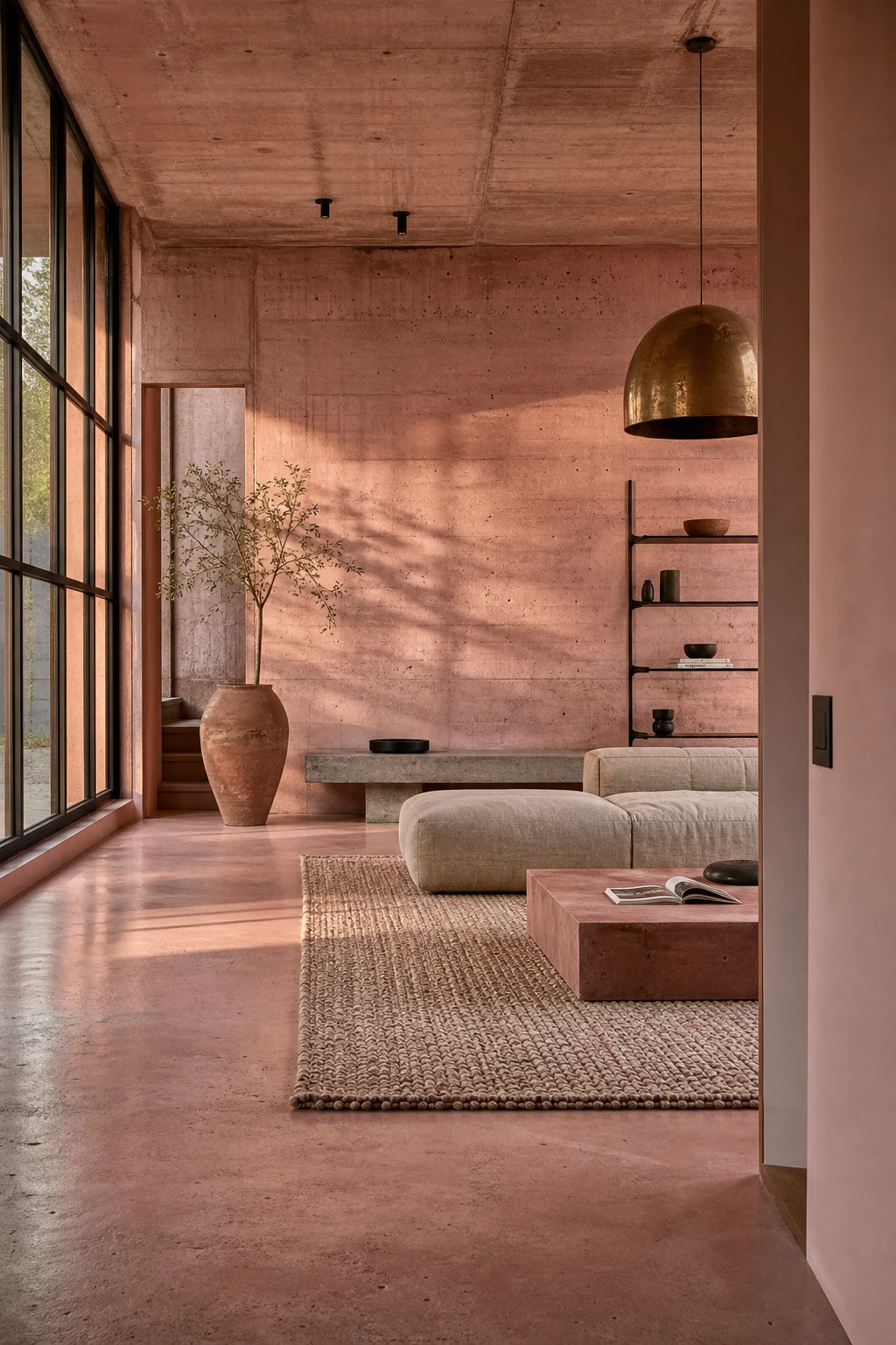Dusty pink concrete loft interior with blush pigmented walls, exposed ceiling, polished floor, steel windows and warm ambient lighting