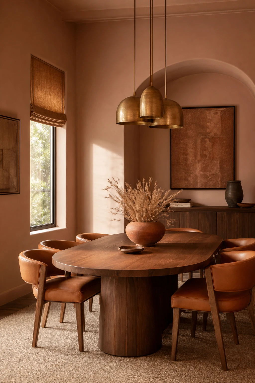 Dusty pink dining room with pink and brown pairing featuring Farrow and Ball Tailor Tack walls, walnut table, leather chairs and warm evening light