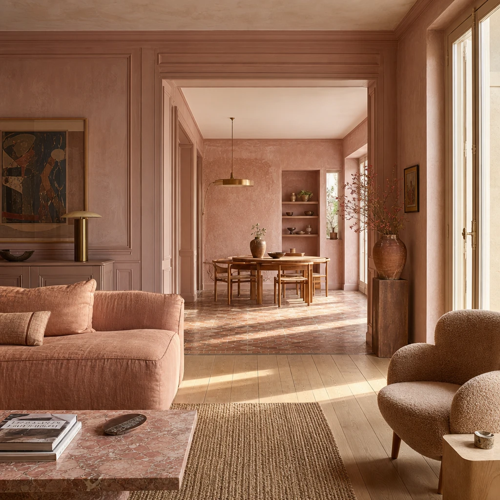 Dusty pink interior with limewash walls, floor to ceiling mauve panelling, a linen sofa, pink marble surfaces and warm oak floors in soft late afternoon light.
