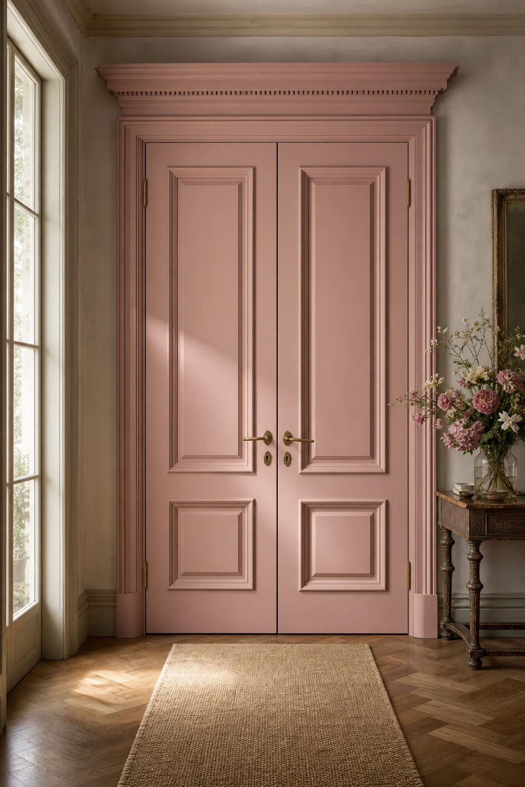 Dusty pink interior double doors painted in Farrow and Ball Scallop with ornate moulding panels, brass hardware, and a herringbone timber floor in a grand entrance hall
