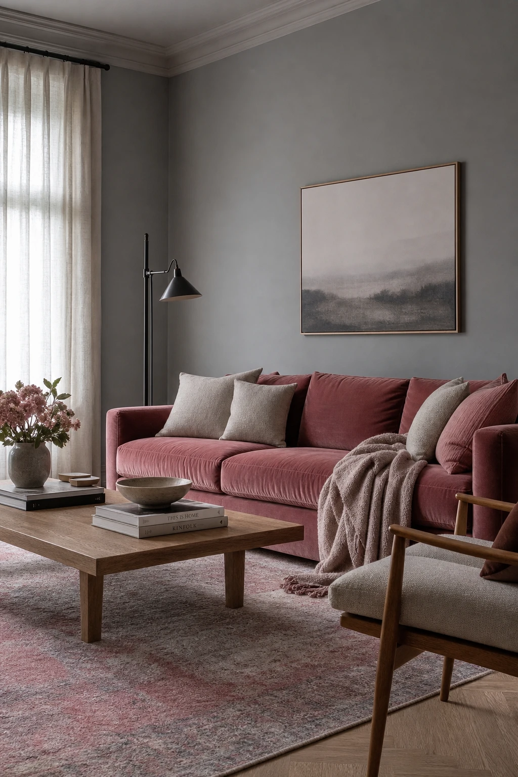 Dusty pink interior with dusty rose upholstered sofa, cool gray walls in Farrow and Ball Lamp Room Gray, linen cushions, oak floor and metal floor lamp