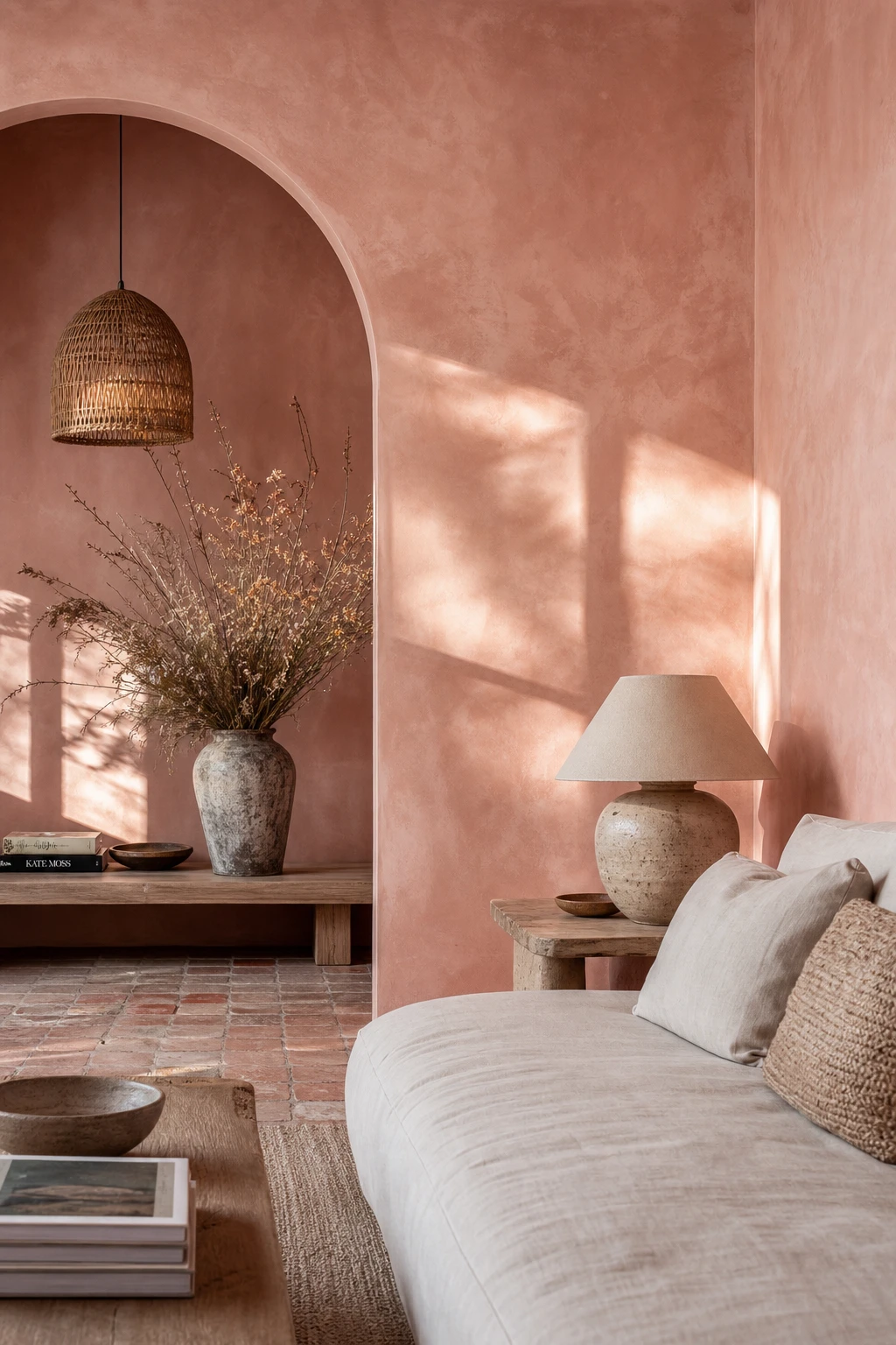 Dusty pink interior with limewash textured walls in Farrow & Ball Dead Salmon, linen sofa, terracotta floor tiles, arched alcove and rattan pendant light