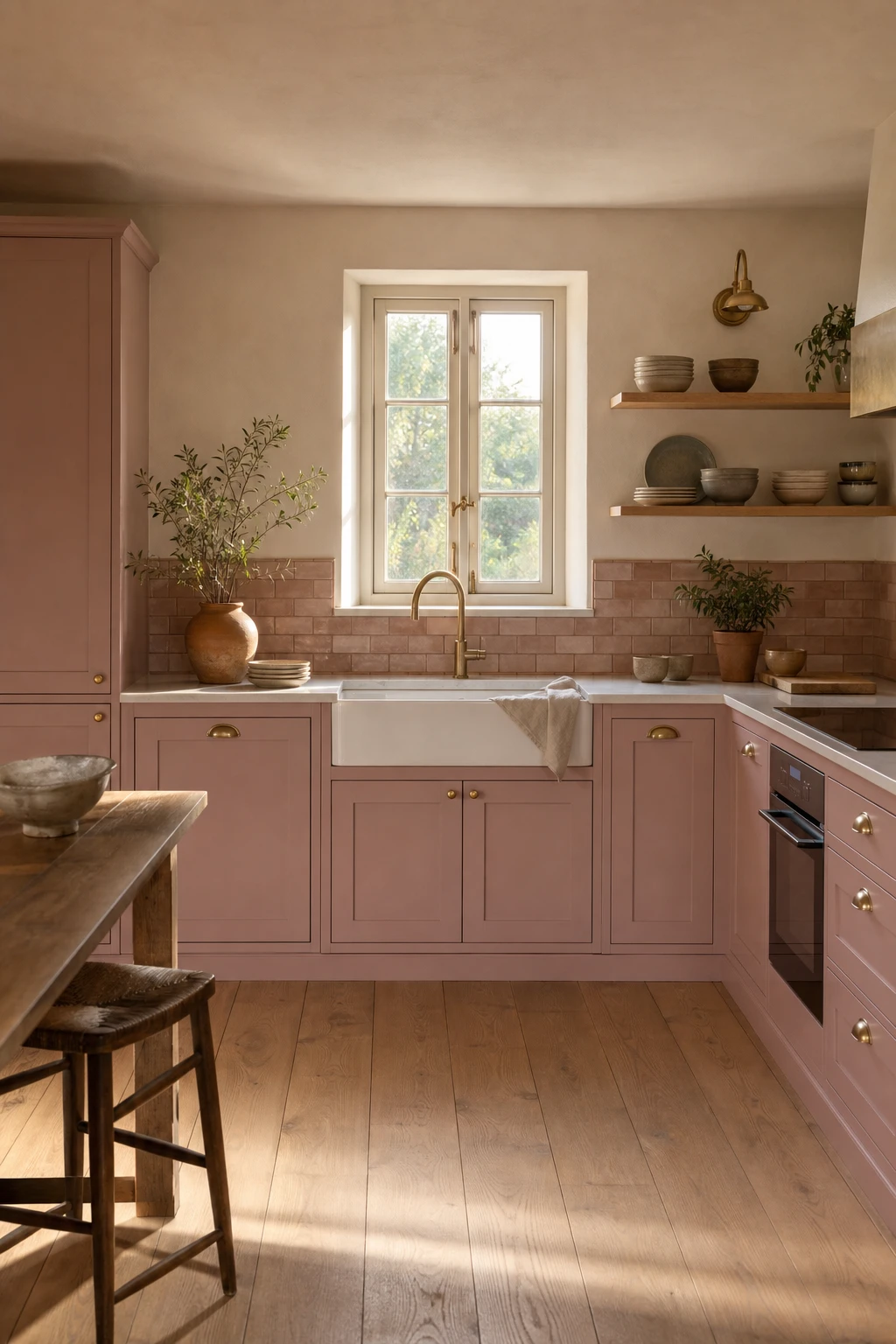 Dusty pink kitchen with Farrow and Ball Entrance Hall Pink cabinets, brass hardware, open shelving, marble countertops and warm afternoon light through a window