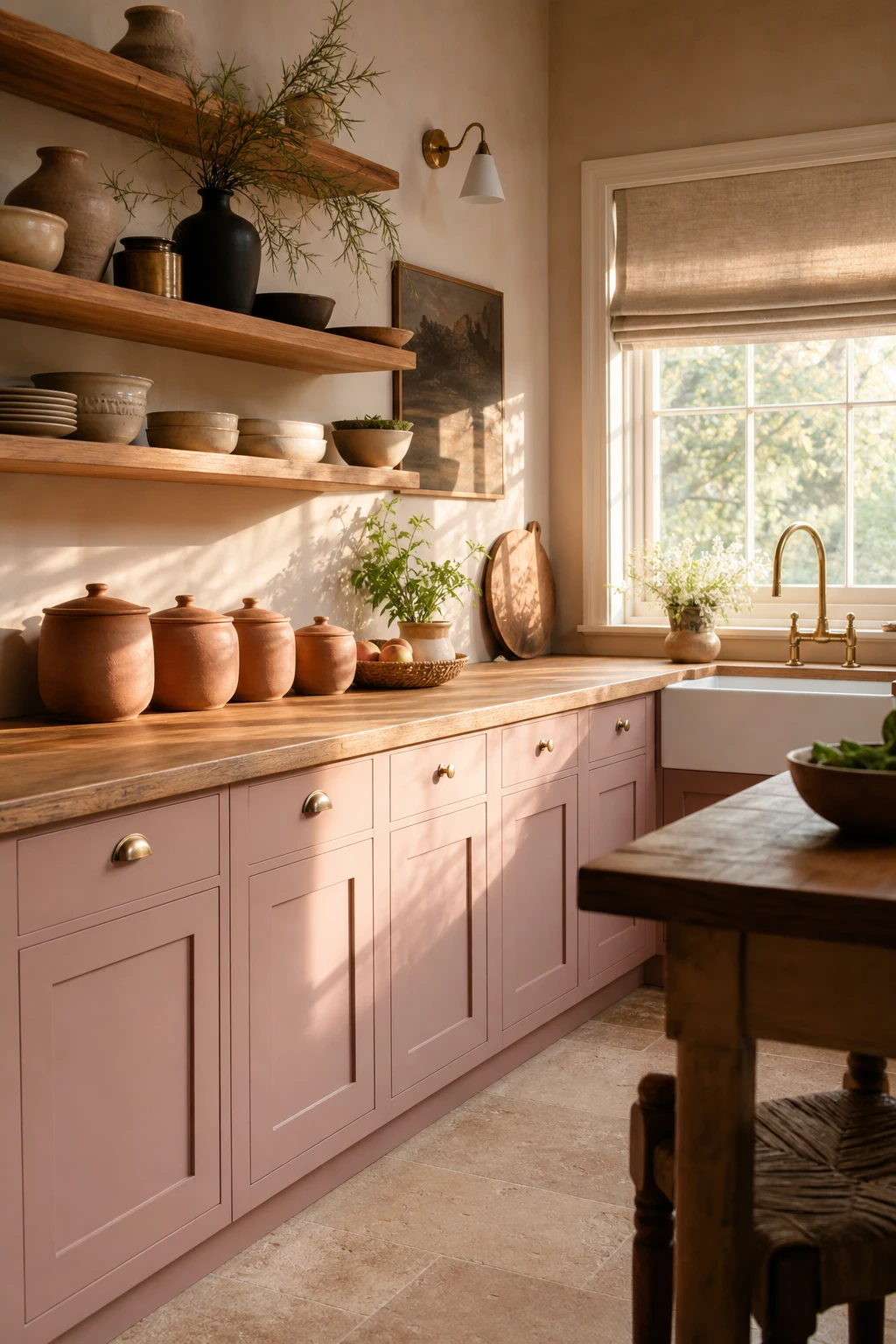 Dusty pink kitchen with warm timber shelving, pink cabinetry painted in Farrow and Ball Pink Drab, and natural wood accents in warm afternoon light