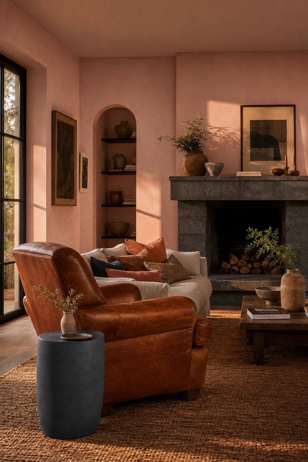 Dusty pink living room with cinnamon leather armchair and slate blue cushions, Farrow and Ball Shallot walls, warm afternoon light