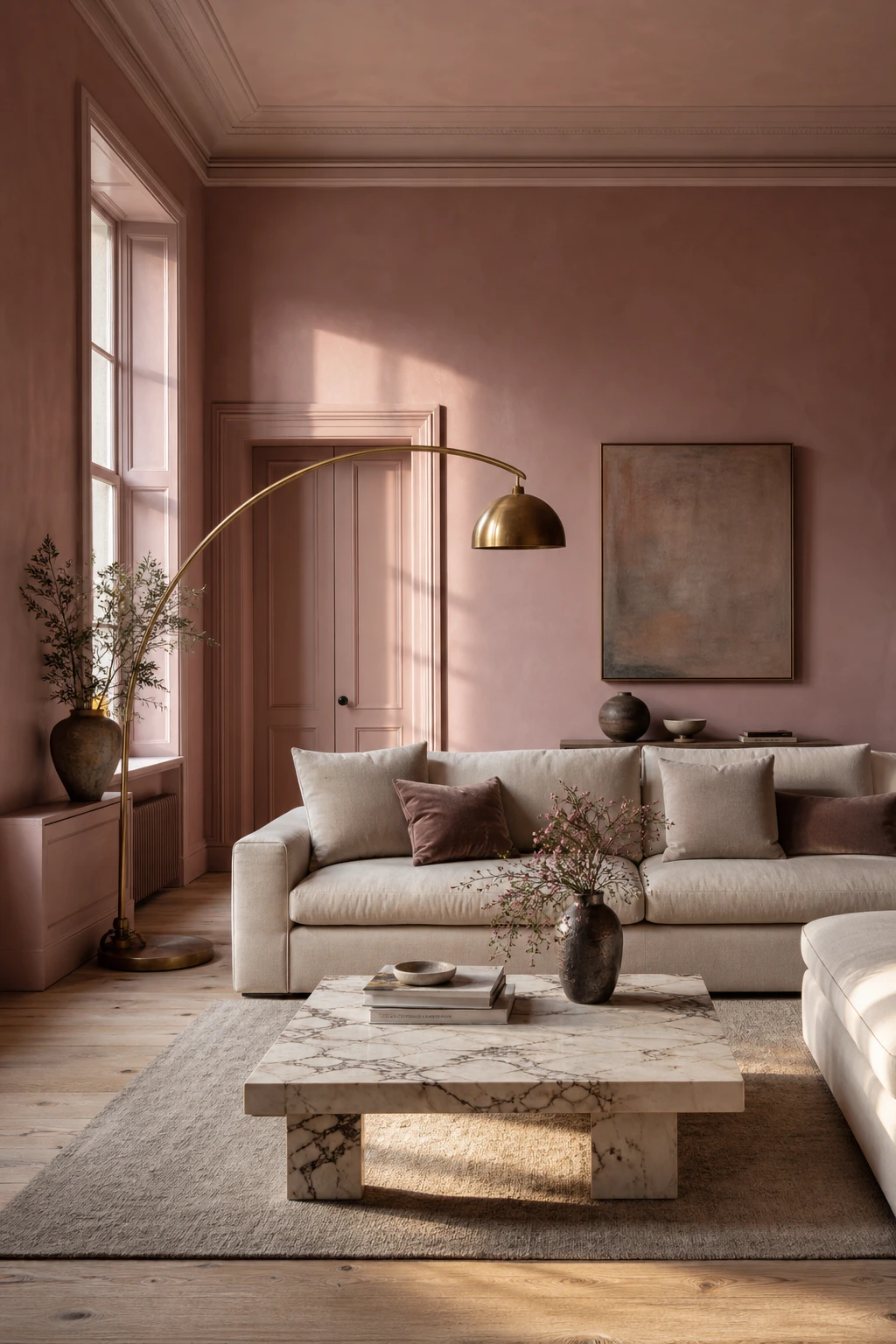 Dusty pink living room with Farrow and Ball Cinder Rose walls, linen sofa, brass floor lamp, marble coffee table and tall casement windows in afternoon light