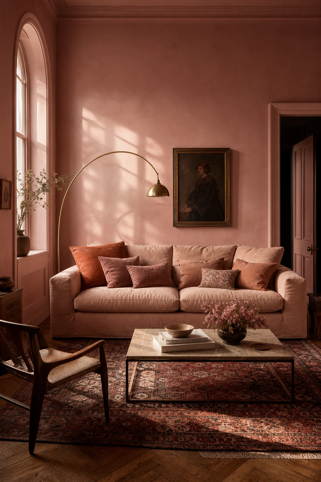 Dusty pink living room with Farrow & Ball Sulking Room Pink walls, linen sofa, brass floor lamp, herringbone oak floor and arched window